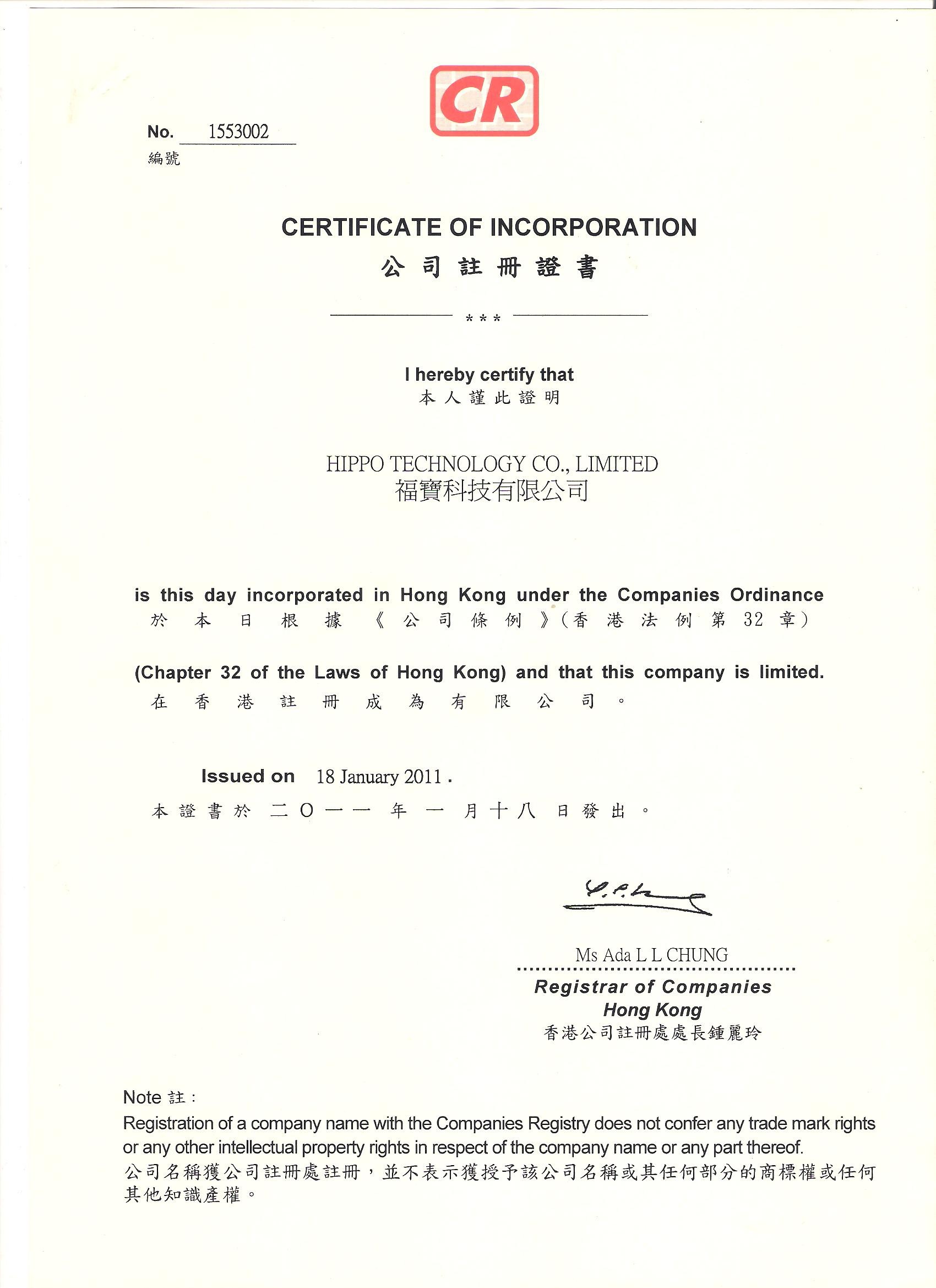 Κίνα Hippo Technology Co.,LTD Πιστοποιήσεις